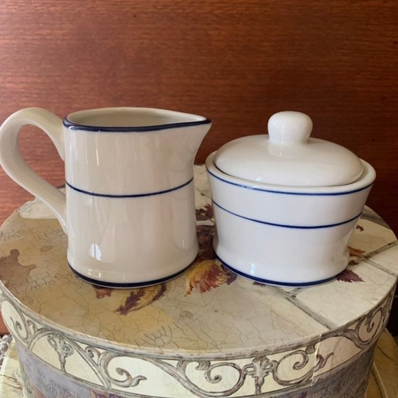 lynns stoneware Other - Lynns Stoneware Sugar & Creamer Set Glazed Blue Bands Simplistic Modern